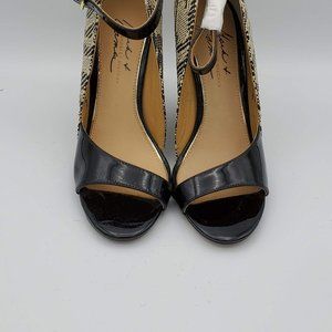 Mark & James by Badgley Mischka Black Patent Leather Wedge Sandal w Woven Heel
